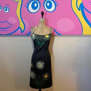 Moschino Black Green Floral Stretch Satin Floral Dress